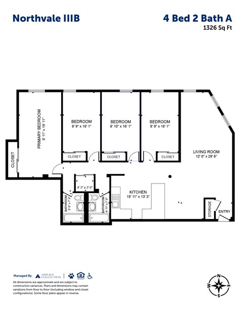 Floor plan for 4 beds, 2 baths, 1326 sqft